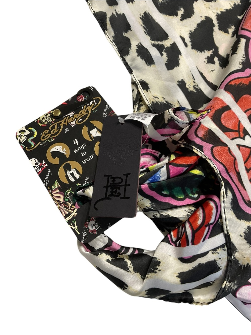 C Ed Hardy Leopard Skull & Rose Print Scarf in Black, White, Pink, Red - Picture 2 of 6